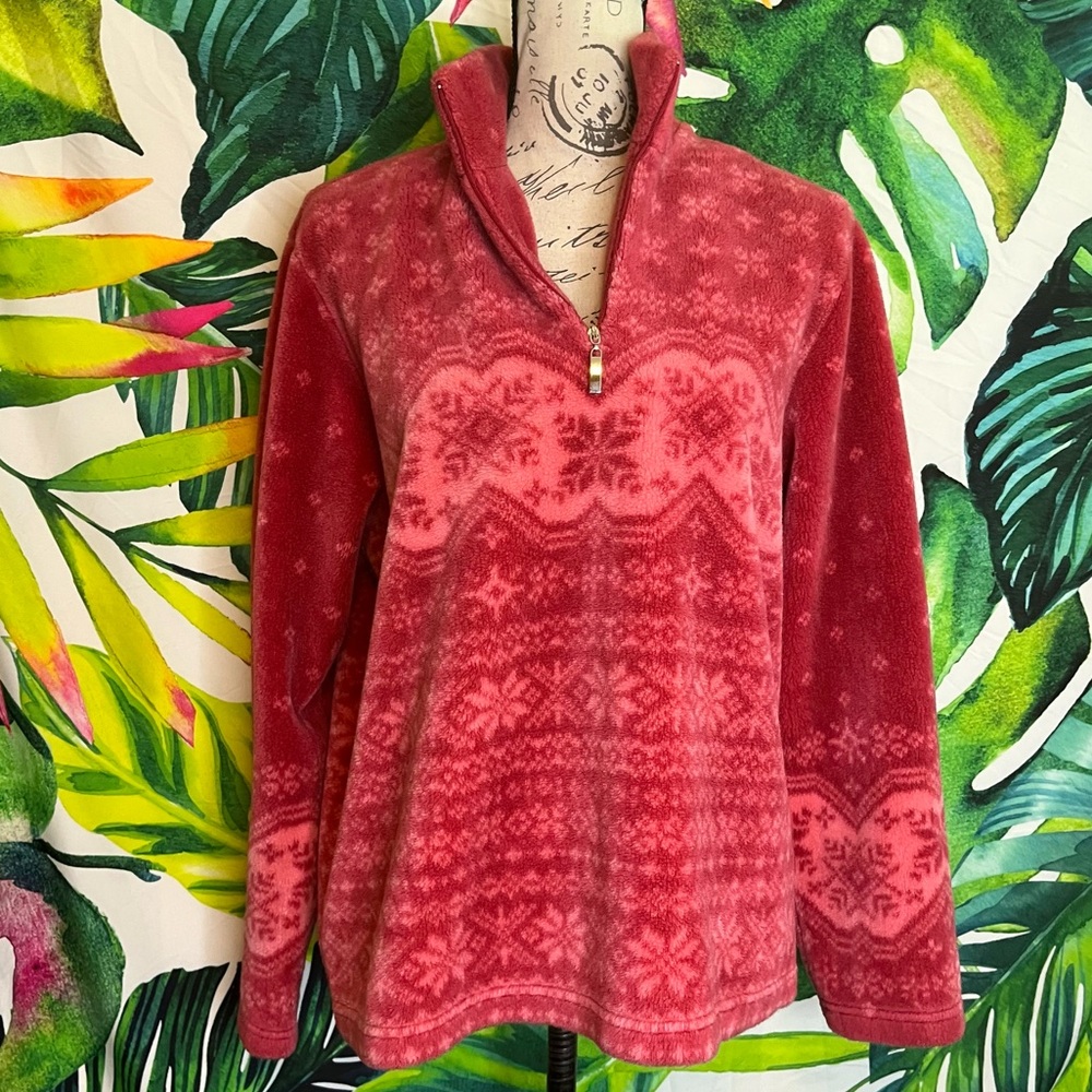 Y2K Talbots M Red Pink Fair Isle Print 1/4 Zip Fleece Fall Winter Sweatshirt